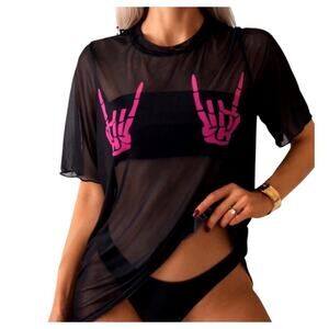 Shein Women's Large Black Pink Skull Hand Print Short Sleeve Sheer Cover Up